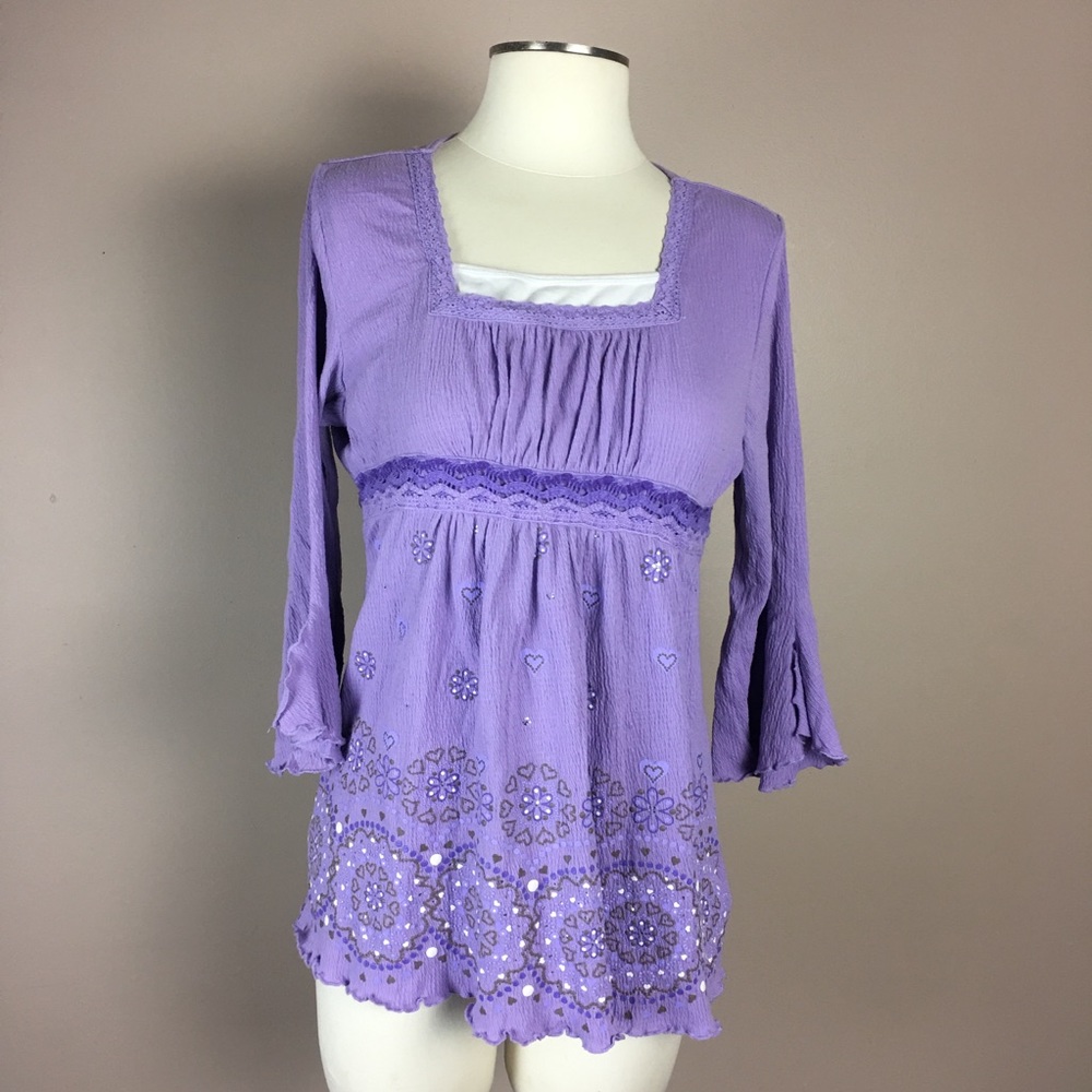 Boho Peasant purple crocheted LACE 18.5 Top Shirt